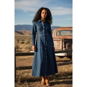 eShakti Denim Maxi Shirt Dress Long Sleeve Contrast Stitch Blue S 100% cotton